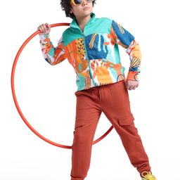 Ollington St. 100% Cotton Knit Full Sleeves Printed Zipper Jacket & Joggers Set -Aqua Blue & Brown-image-83