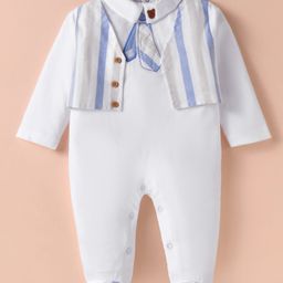 ToffyHouse Interlock Knit Full Sleeves Party Wear Footed Romper With Bear Badge - White-image-88