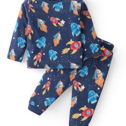 Babyhug Cotton Knit Full Sleeves Night Suit With Space Rockets Print - Navy-image-74