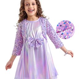 Hola Bonita Knit Shimmered Bow Applique Party Frock with Full Sleeves SequinedShrug - Lilac-picture-27