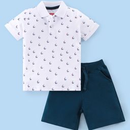 Babyhug Single Jersey Knit Half Sleeves Polo T-Shirt and Shorts Set with Winter Theme Text Print - White & Navy Blue-picture-1