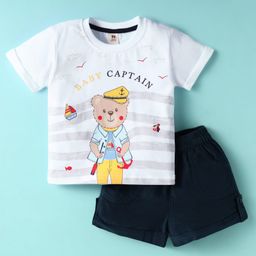 ToffyHouse Knitted Woven Half Sleeves T-Shirt & Shorts Set with Bear Print - Black & White-image-87