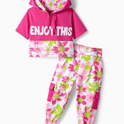 OLLINGTON ST. Cotton Short Sleeves Hoodie Top & Floral Printed Cargo Jogger - Pink & Multicolor-image-45