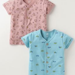 Pink Rabbit Single Jersey Knit Half Sleeves Front Open Jhablas with Animal & Car Print Pack Of 2 -Pink & Blue-image-79