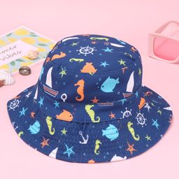 Babyhug Two Layer Bucket Hat with Sea Life Print Navy Blue - Diameter 20 cm-28
