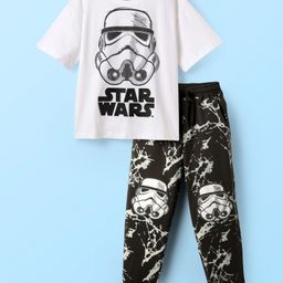 Pine Kids Lucas Single Jersey Knit Half Drop Shoulder Sleeves Oversized T-Shirt & Lounge Pant Set With Star Wars Graphics - White & Black-image-31