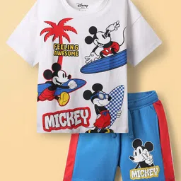HoneyHap Disney Single Jersey Knit Half Drop Shoulder Sleeves T-Shirt & Shorts Set With Mickey Mouse Family Graphics - White & Blue-image-50