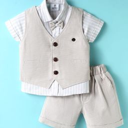 Mini Taurus Sinker Knit Half Sleeves Striped 3 Piece Party Suit With Bow Applique - Beige-picture-15