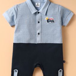 Mini Taurus Cotton Knit Half Sleeves Checks Romper With Patch - Blue-image-36