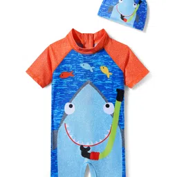 KIDLINGSS Half Raglan Sleeves Shark & Fishes Printed Legged Swimsuit With Cap - Light Blue-picture-44