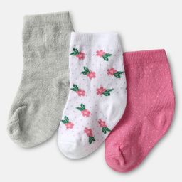Cute Walk by Babyhug Knit Ankle Length Antibacterial Socks with Floral Design Pack Of 3 - Pink White & Grey-image-37
