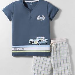 CUCUMBER Sinker Knit Half Sleeves Henley Neck T-Shirt & Shorts Set With Car Print - Blue-picture-13