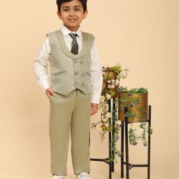 P-MARK Cotton Woven Full Sleeves Threadwork Embroidered 3 Piece Party Suit Set With Abstract Printed Tie - Pista-image-88