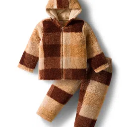 Babyhug Fur Knit Full Sleeves Hooded Color Block Winter Wear Top & Lounge Pant Set With Checks Design - Brown & Cream-picture-31