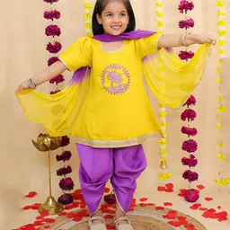 BownBee Silk Woven Half Sleeves Floral Embroidered & Gota Lace Embellished Dhoti Kurti With Dupatta Set - Yellow-picture-42