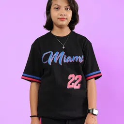 WEARDUDS Cotton Knit Half Sleeves Miami Text Printed Oversized Tee - Black-picture-7