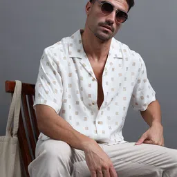 Stitch Men Embroidered Cuban Collar Short Sleeves Shirt-image-31