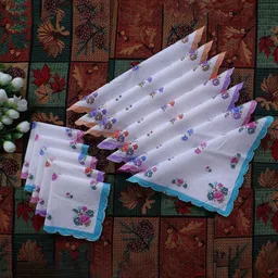 Kuber Industries Women & Girls Set Of 12 Multicolor Floral Print Cutwork Cotton Hankies-7