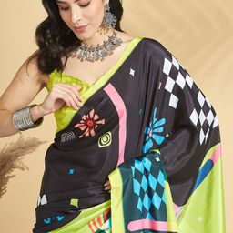 RACHNA Checked Poly Crepe Block Print Saree image 3