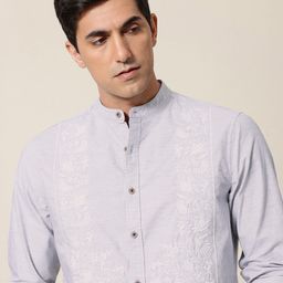 Mr Bowerbird Tailored Fit Floral Embroidered Band Collar Pure Cotton Casual Shirt-image-12