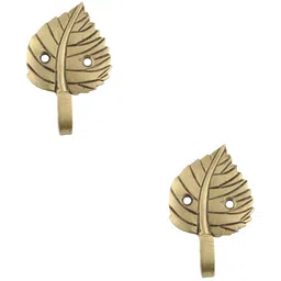 IndianShelf Gold Toned 2 Pieces Brass Leaf Hangers for Clothes Wall Mounted Key Hooks-5