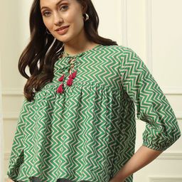 FIORRA Women Printed Tie-Up Neck Cotton Puffed Sleeves Peplum Top-image-22