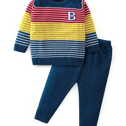 Babyhug Knitted Full Sleeves Sweater Set Striped Design - Navy Blue-image-80