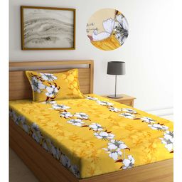 Arrabi Yellow Floral TC Cotton Blend Single Size Fitted Bedsheet with 1 Pillow Cover - Yellow-image-39