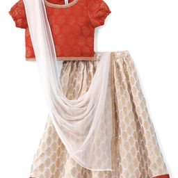 Babyhug Woven Half Sleeve Bocade Pattu Pavada Lehenga Choli and Dupatta Set Ikat Print - Maroon & White-image-25