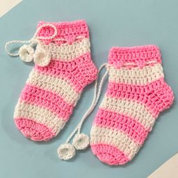 Little Peas Handmade Colour Block Detailed & Striped Pattern Woollen Socks -  Light Pink & White-13