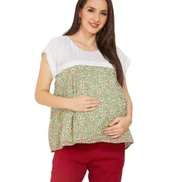 Mom for sure by Ketki Dalal Half Sleeves Floral Printed Maternity A Line Top With Concealed Zipper Nursing Access - Green-picture-25