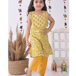 Kinder Kids Sleeveless Floral Motif Printed Kurta With Palazzo - Yellow &  Green-image-33