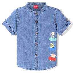 Babyhug Half Sleeves Mandarin Collar Denim Shirt with Animals Print - Light Blue-picture-25