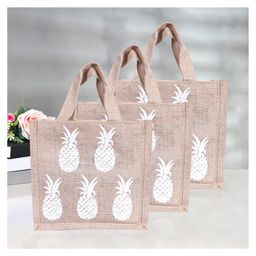 Kuber Industries Lunch Bag  Jute Carry Bag  Lunch Handbag  Lunch Bags for office  Reusable Lunch Bag with Handle  Tiffin Carry Hand Bag  Pineapple-Print Lunch Bag  Small  Pack of 3  Brown-71
