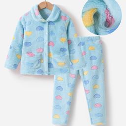 Kookie Kids Full Sleeves Collared Winter Wear Night Suit With Hearts Design - Blue-image-98