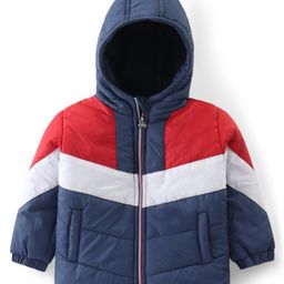 Babyhug Woven Full Sleeves Color Block Padded Hooded Jacket- Red & Navy Blue-image-69