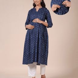 CRAFIQA Three Fourth Sleeves Abstract Printed Maternity Kurta With Concealed Zipper Nursing Access - Indigo-picture-1