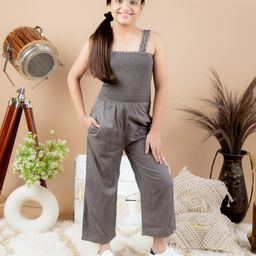 Kids Cave Rayon Sleeveless Smocked Detailed Solid  Jumpsuit - Grey-image-74