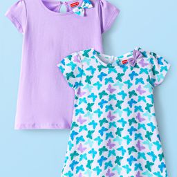 Babyhug Single Jersey Knit Half Sleeves Dresses With Butterfly Print & Bow Applique Pack of 2 - Mauve & Blue-image-40