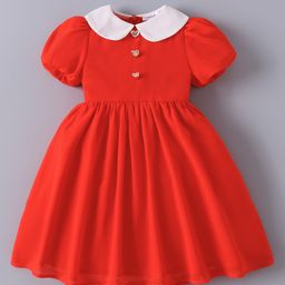 Mark & Mia Half Puffed Sleeves Solid Frock with Peter Pan Collar - Red-image-88