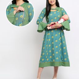 True Shape Three Fourth Bell Sleeves Abstract Printed Maternity Flared Kurta With Concealed Zipper Nursing Access - Turquoise-image-46