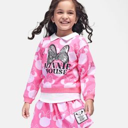Babyhug Disney Single Jersey Knit Full Sleeves Overlapped Top & Skirt SetWith Minnie Mouse Graphics Badge & Sequins Detailing - Pink-picture-5