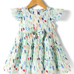 Dew Drops Cotton Knit Cap Sleeves Frock with Bow Applique & Confetti Print - Light Green-picture-11