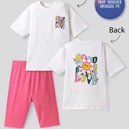 Primo Gino Cotton Knit Oversized Drop Shoulder T-Shirt & Cycling Shorts Set With Good Times Text Printed- White-image-15