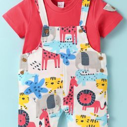 WOW Clothes Interlock Knit Dungaree & Half Sleeves T-Shirt With Animal Print - Red-7