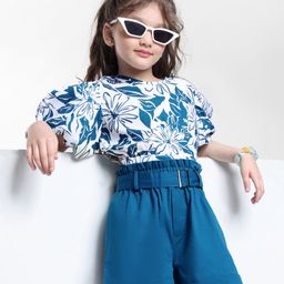 OLLINGTON ST. Woven Half Sleeves Top & Twill Shorts Set with Floral Print - White & Blue-picture-8