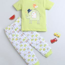 BUMZEE Cotton Knit Half Sleeves T-Shirt & Lounge Pant Set With Elephant & Bird Print - Light Green & White-image-87