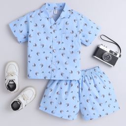 The Magic Wand Cotton Woven Half Sleeves Boat & Anchor Printed Coordinating Night Suit Set - Blue-image-119