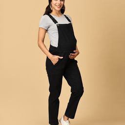 The Mom Store Denim Sleeveless Solid Maternity Dungaree - Black-picture-49