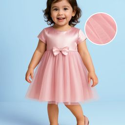 Babyhug Woven Cap Sleeves Solid Color Mesh Party Dress with Bow Applique - Pink-image-70